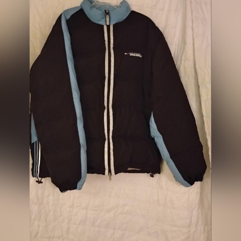 Tommy Hilfiger Black With Blue Stripes Puffer Coat Sz.XL